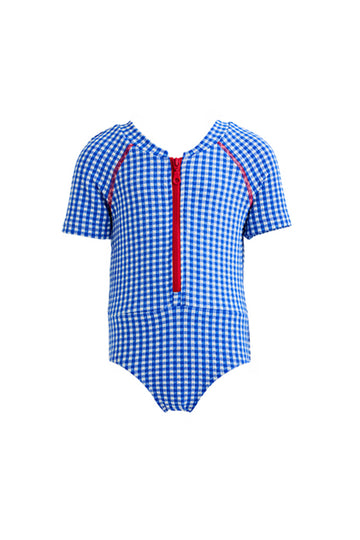 Kids Erica Short-Sleeve Zip Onepiece | Blue Carreaux
