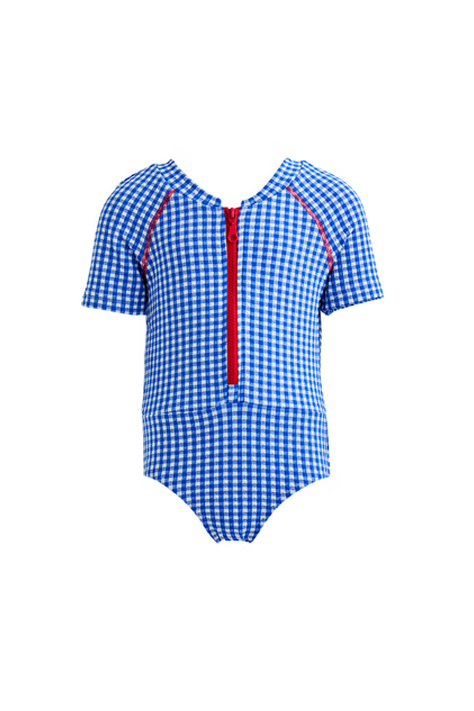 Kids Erica Short-Sleeve Zip Onepiece | Blue Carreaux