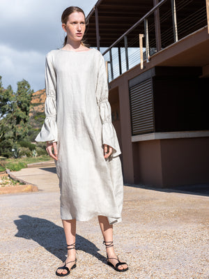 Linen Dress with Puff Sleeves